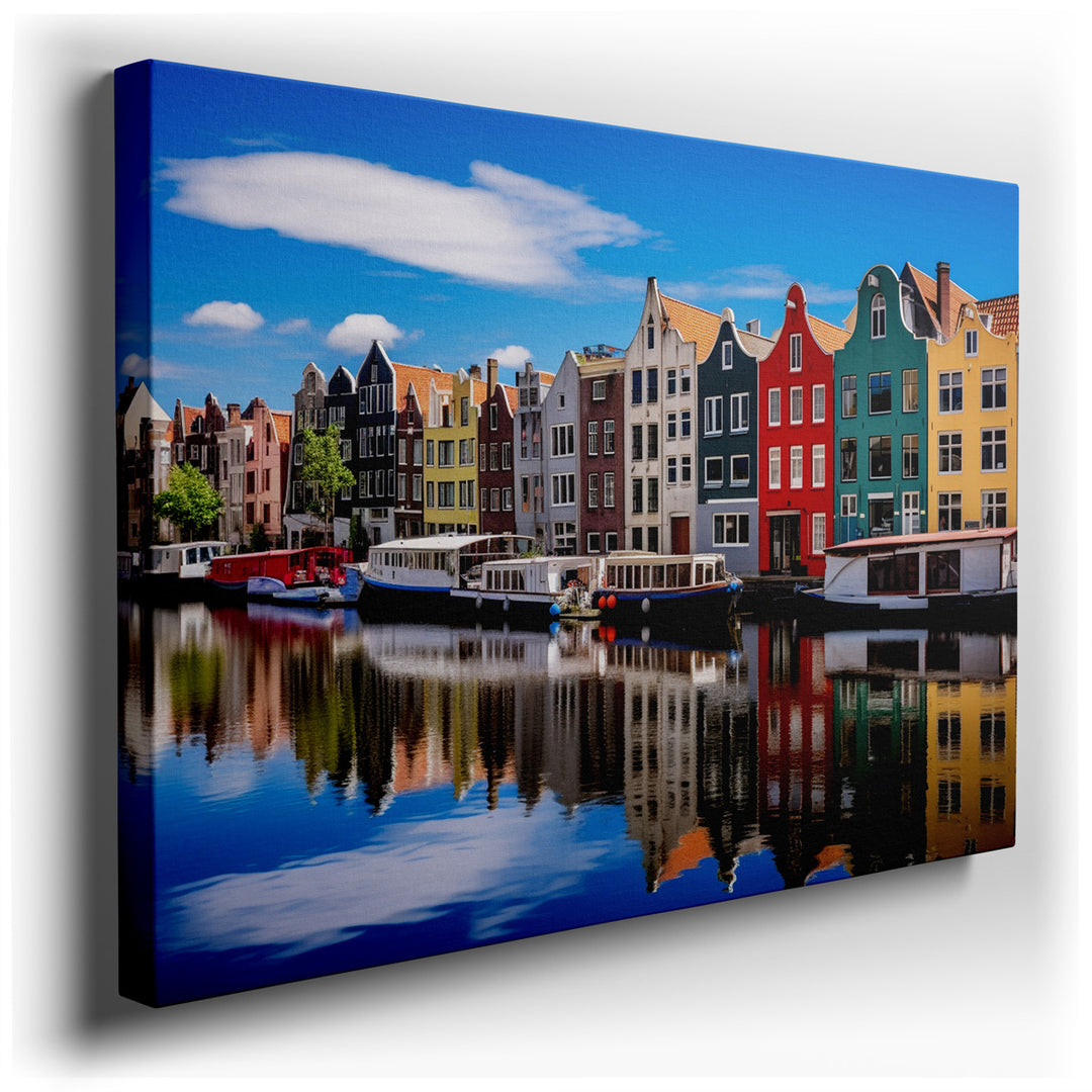 canvas print on wrapped canvas for wall decor – This wall art is a captivating portrayal of Amsterdam's bustling waterfront, where the essence of Dutch architecture and...