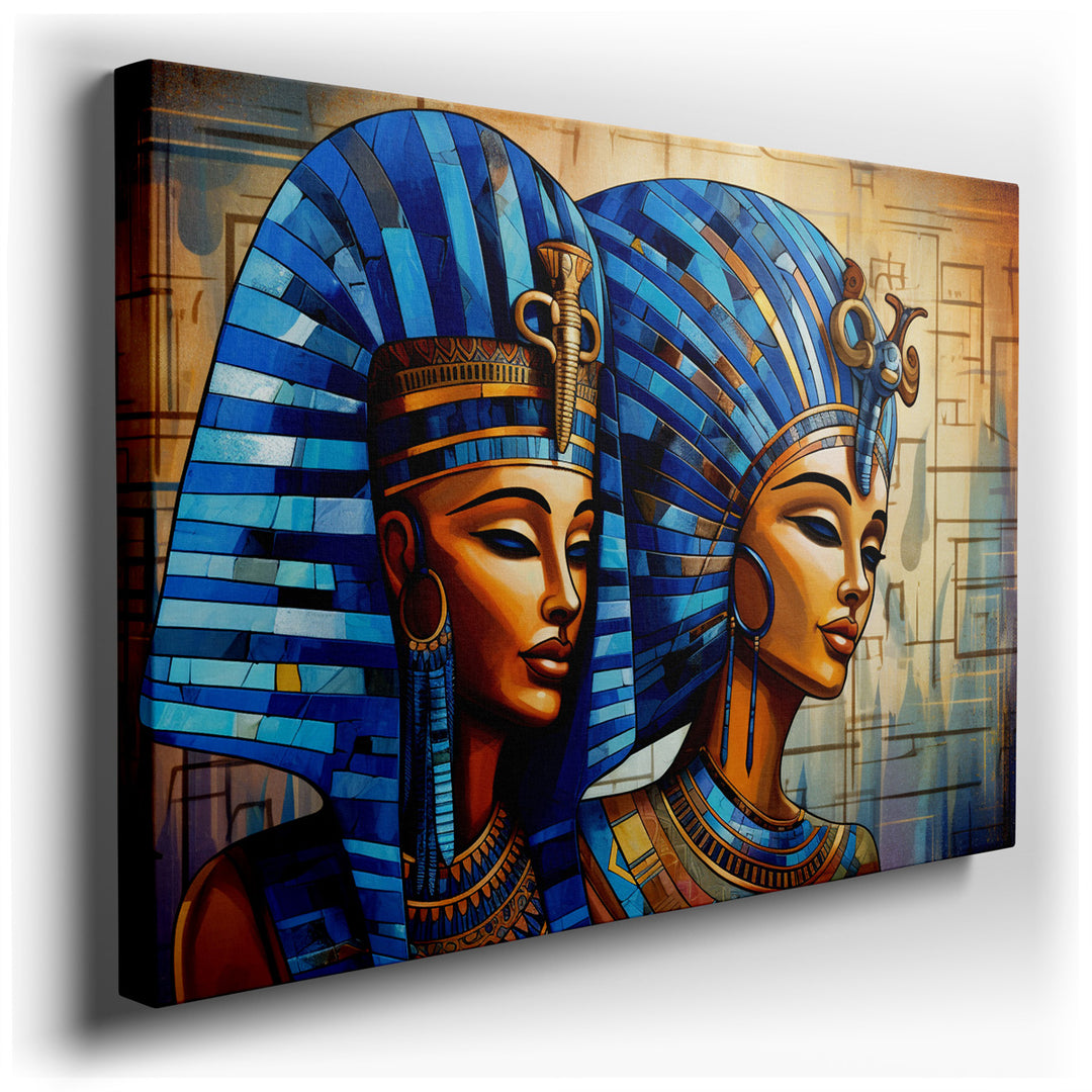 canvas print on wrapped canvas for wall decor – This captivating wall art portrays two regal queens of ancient Egypt, each adorned with strikingly intricate blue headdr...