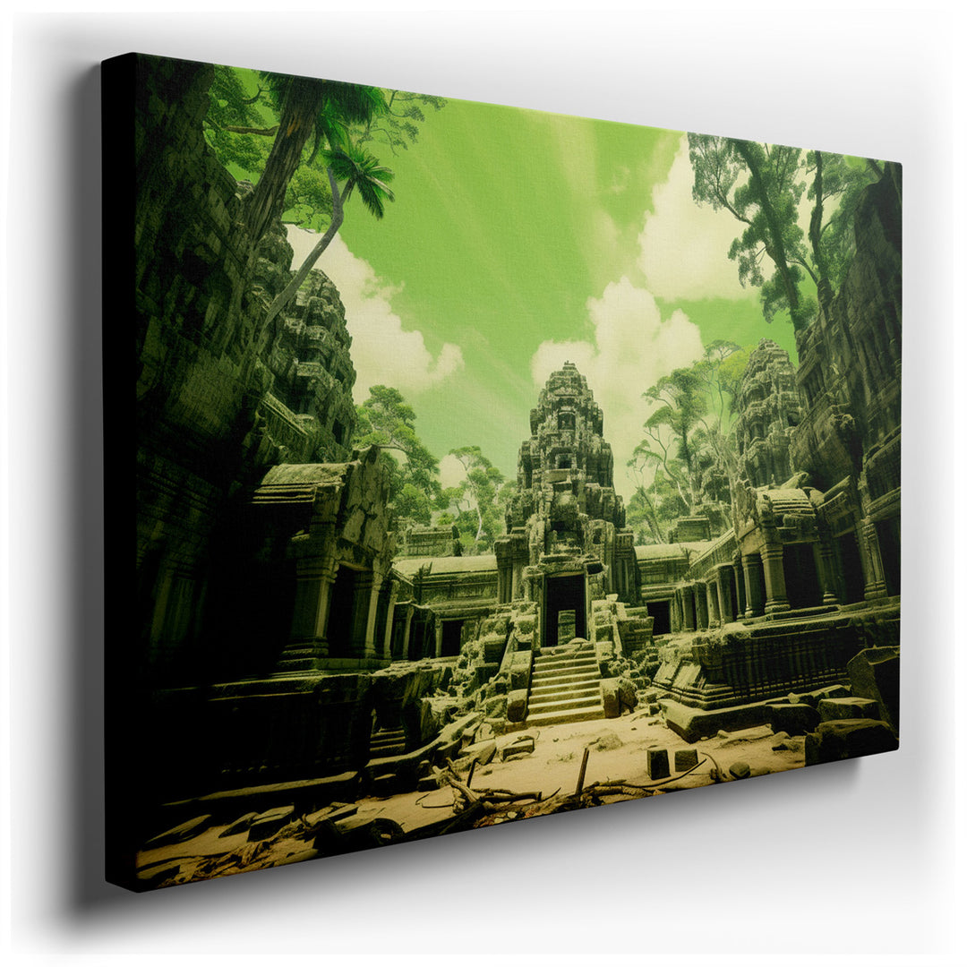 canvas print on wrapped canvas for wall decor – This enchanting wall art portrays a scene of ancient ruins, gracefully embraced by the verdant arms of a lush jungle. Th...