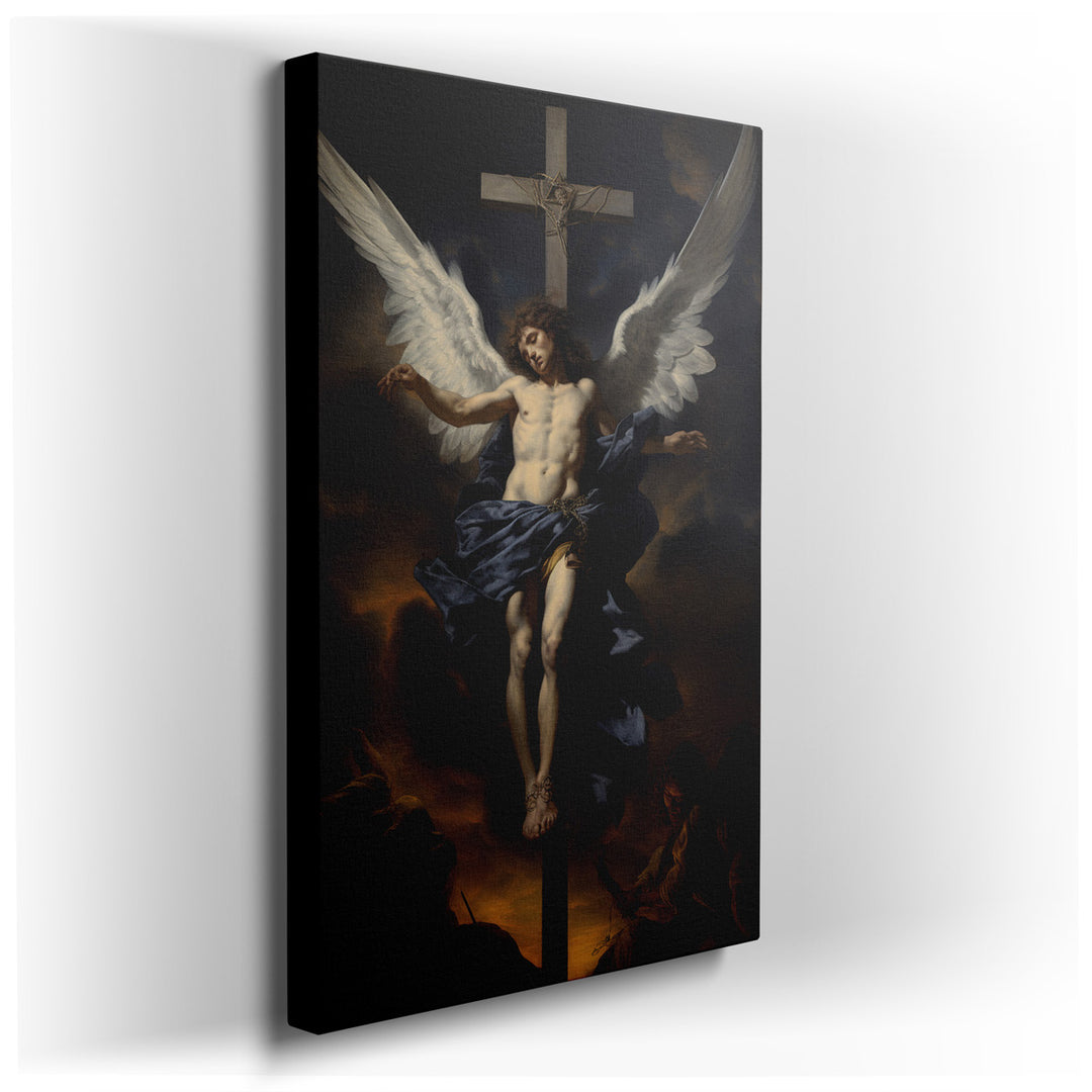 canvas print on wrapped canvas for wall decor – This evocative wall art captures a sacral figure, possibly an angelic being, with expansive wings outstretched and bound...