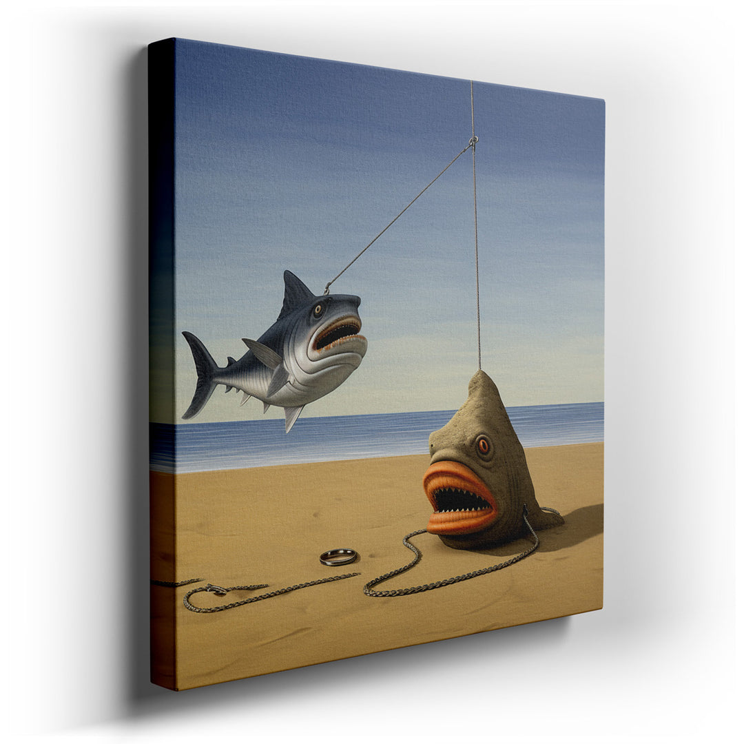 canvas print on wrapped canvas for wall decor – This imaginative wall art captures a whimsical and surreal scene set on a serene beach, where the main protagonists are...
