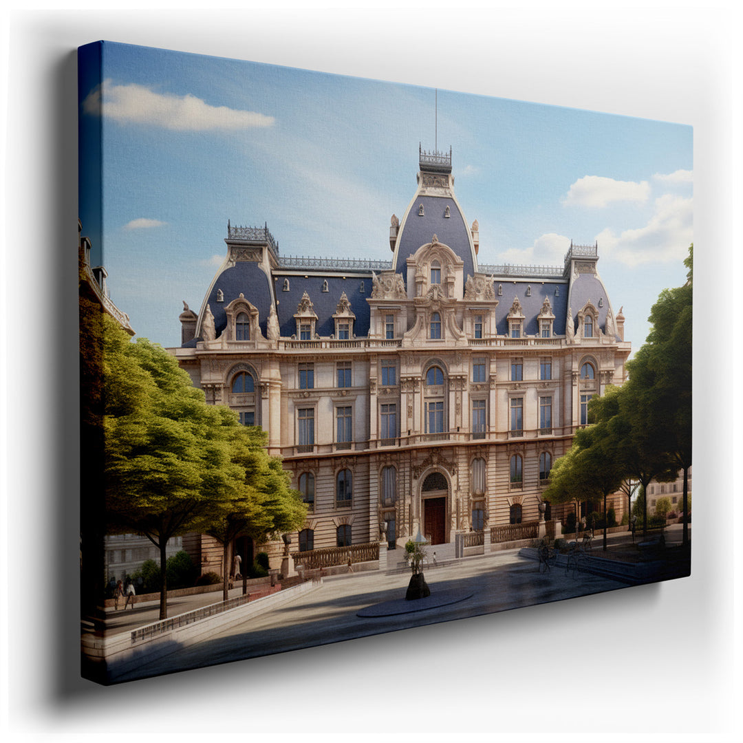 canvas print on wrapped canvas for wall decor – The wall art captures an exquisite historic building, standing majestically amid a verdant landscape. The architecture o...
