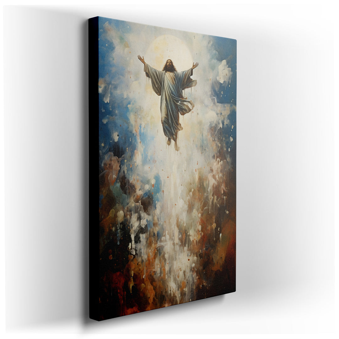 canvas print on wrapped canvas for wall decor – This wall art, a masterful depiction of ascension, captures a divine figure in the act of rising, set against a backdrop...