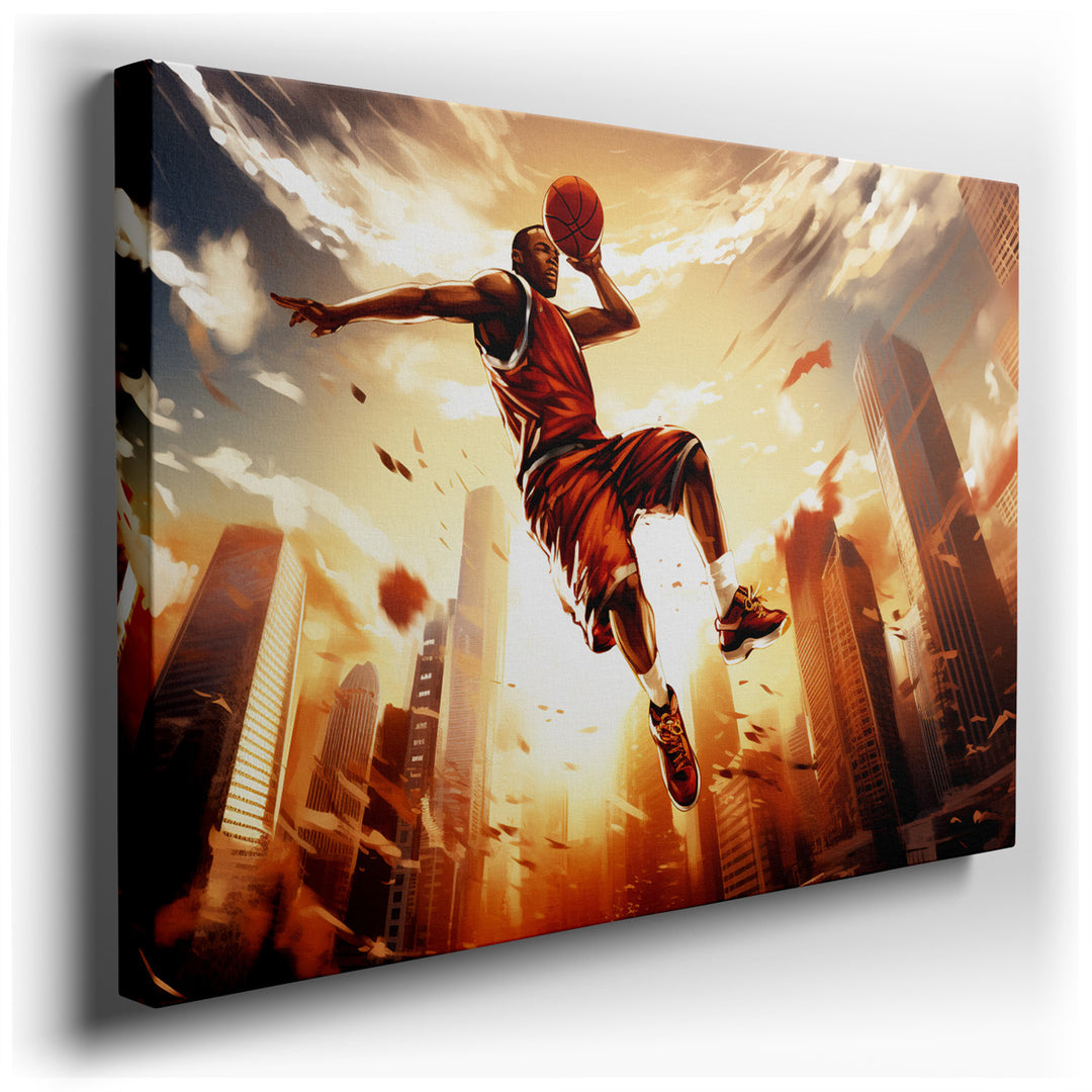 canvas print on wrapped canvas for wall decor – This wall art is a captivating portrayal of an athlete in mid-air, basketball in hand, set against a breathtaking urban...