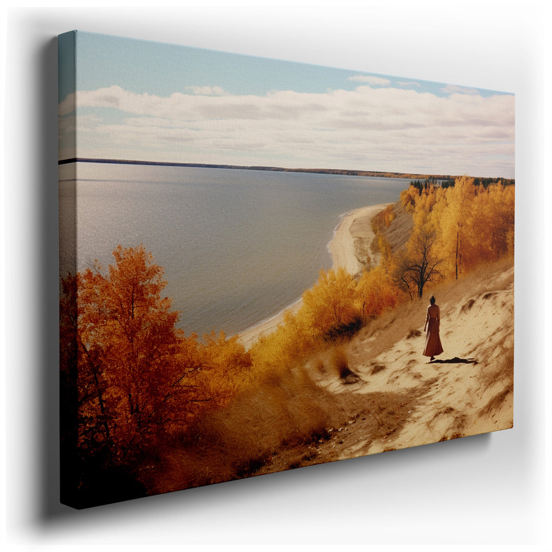 canvas print on wrapped canvas for wall decor – This wall art, a masterful depiction of tranquility and introspective solitude, portrays a woman walking along a serene...