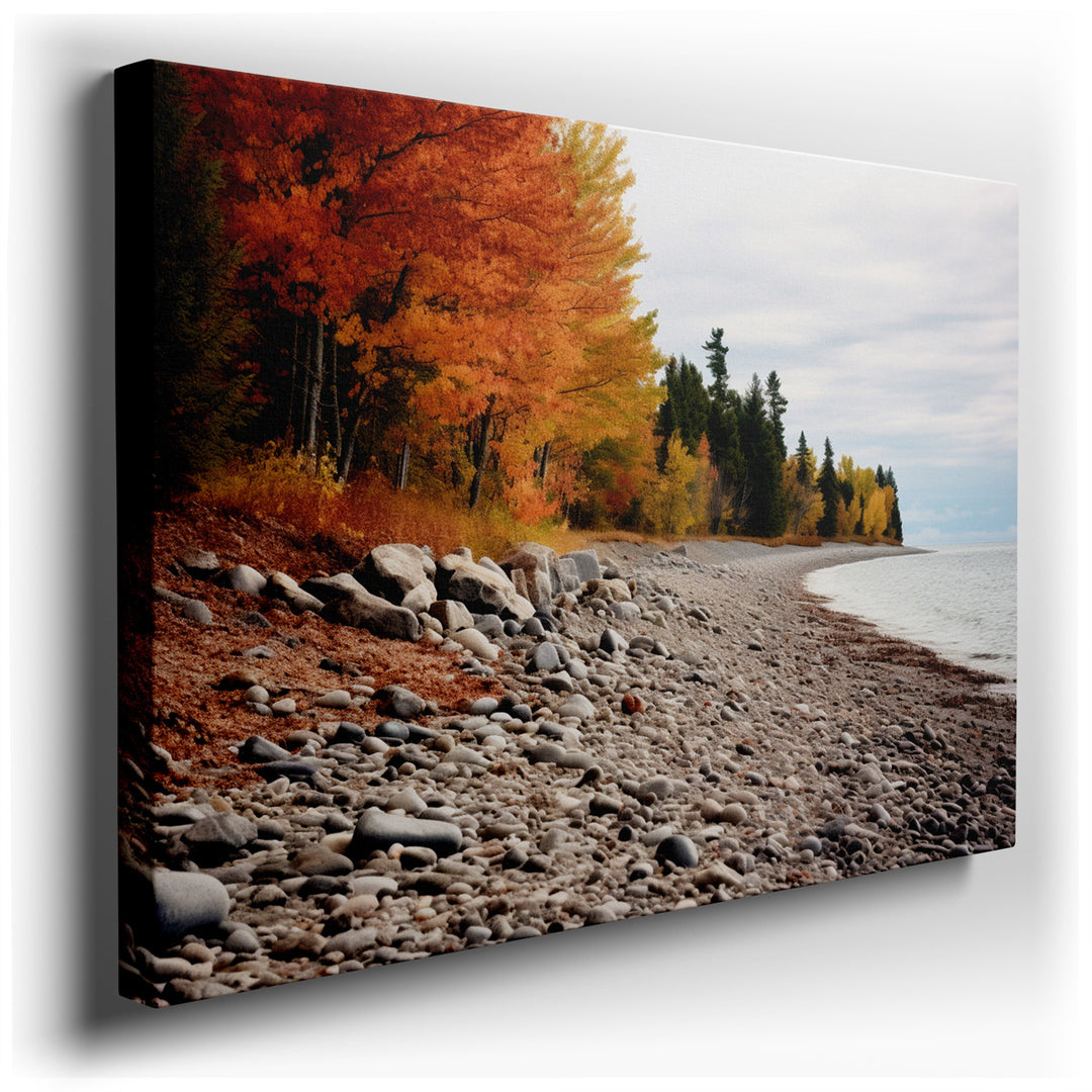 canvas print on wrapped canvas for wall decor – This wall art captures a serene beachscape during the enchanting autumn season, where the vibrant colors of fall meet th...