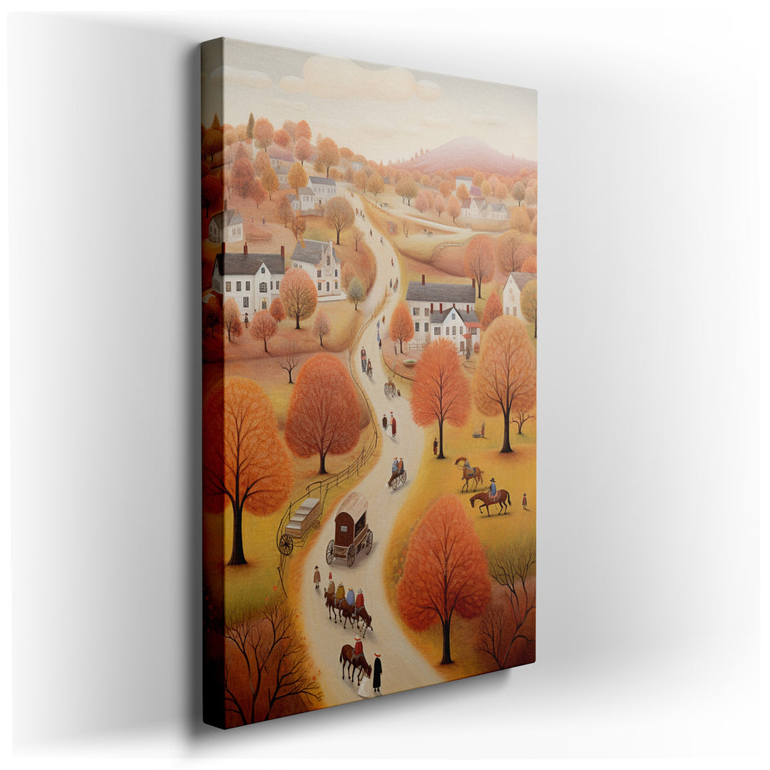 canvas print on wrapped canvas for wall decor – This enchanting wall art offers a vivid portrayal of autumn, encapsulating the essence of the season in a quaint village...