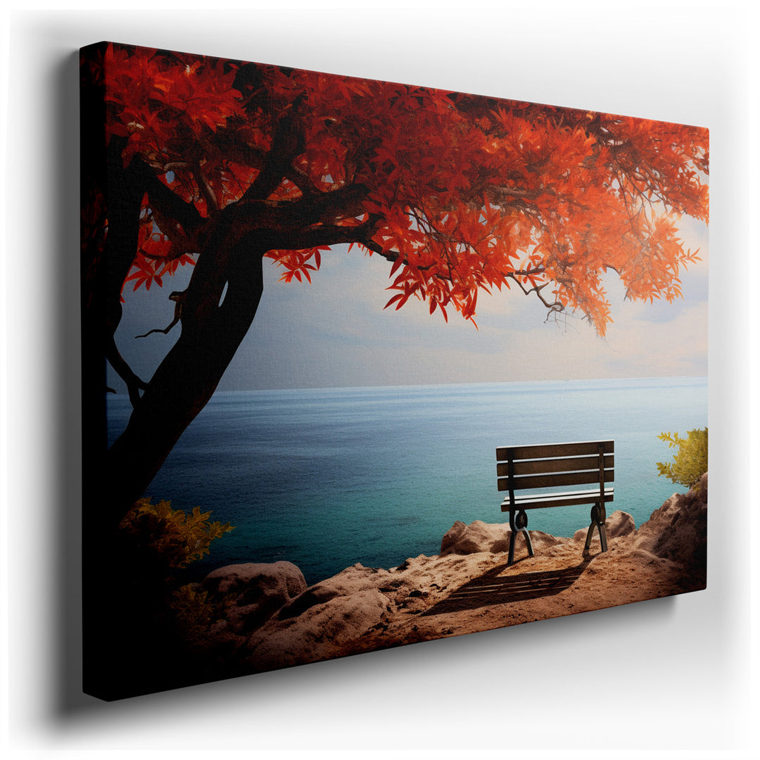 canvas print on wrapped canvas for wall decor – This enchanting wall art invites viewers into a tranquil coastal scene, where the gentle embrace of autumn transforms a...