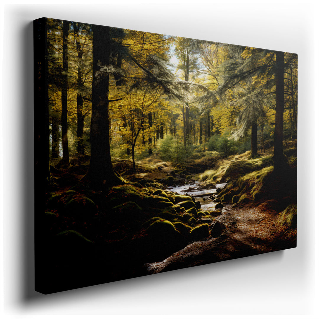 canvas print on wrapped canvas for wall decor – This captivating wall art portrays an enchanting forest scene set in the heart of autumn, a masterpiece that brings the...