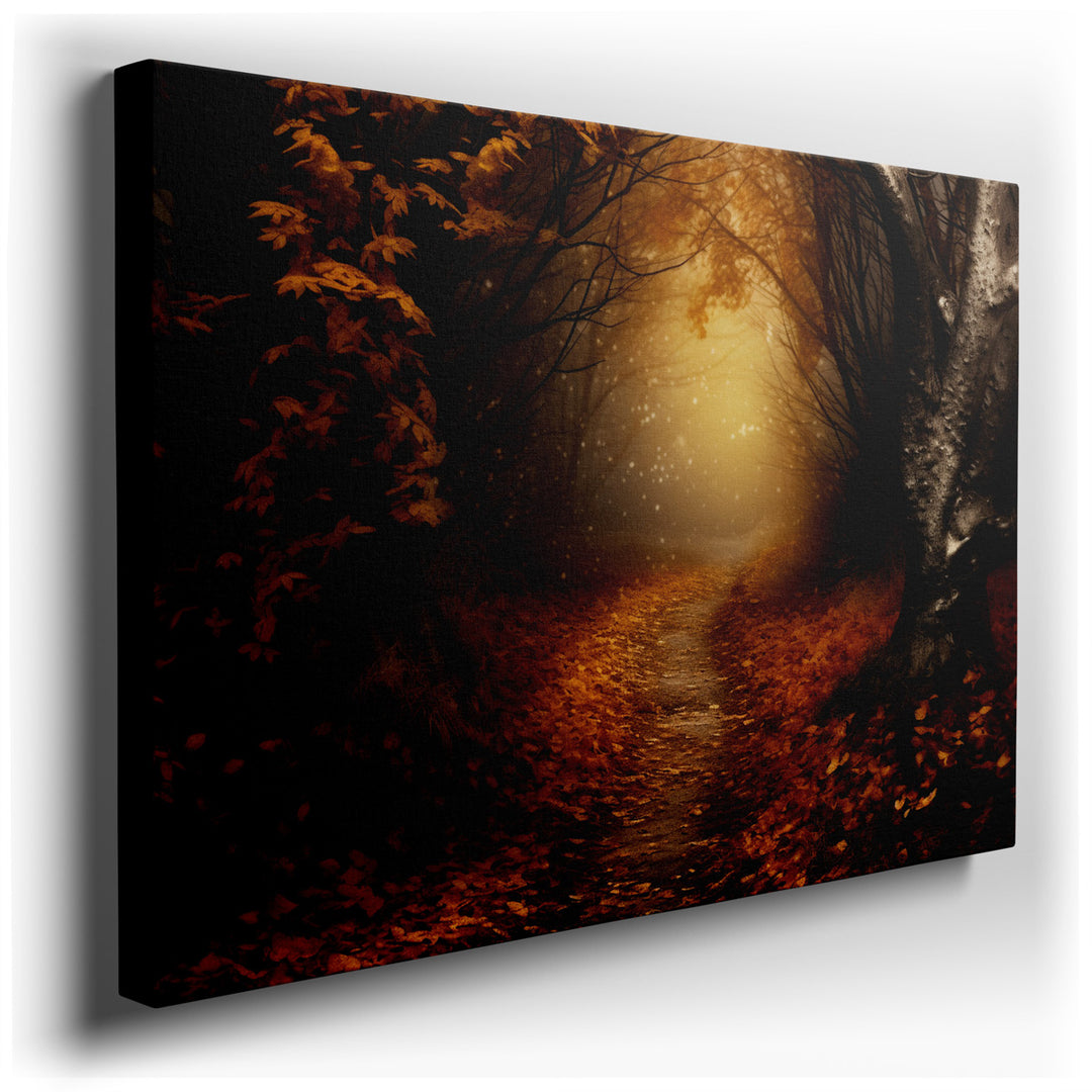 canvas print on wrapped canvas for wall decor – This evocative wall art masterfully captures the essence of a twilight stroll through a dense autumn forest, enveloped i...