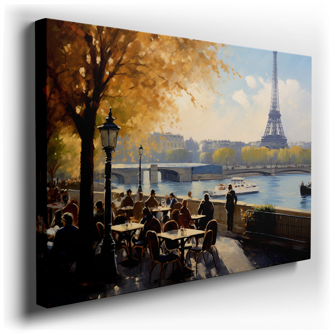 canvas print on wrapped canvas for wall decor – This exquisite wall art, depicting a serene outdoor café scene, is a masterful representation of Parisian life set again...