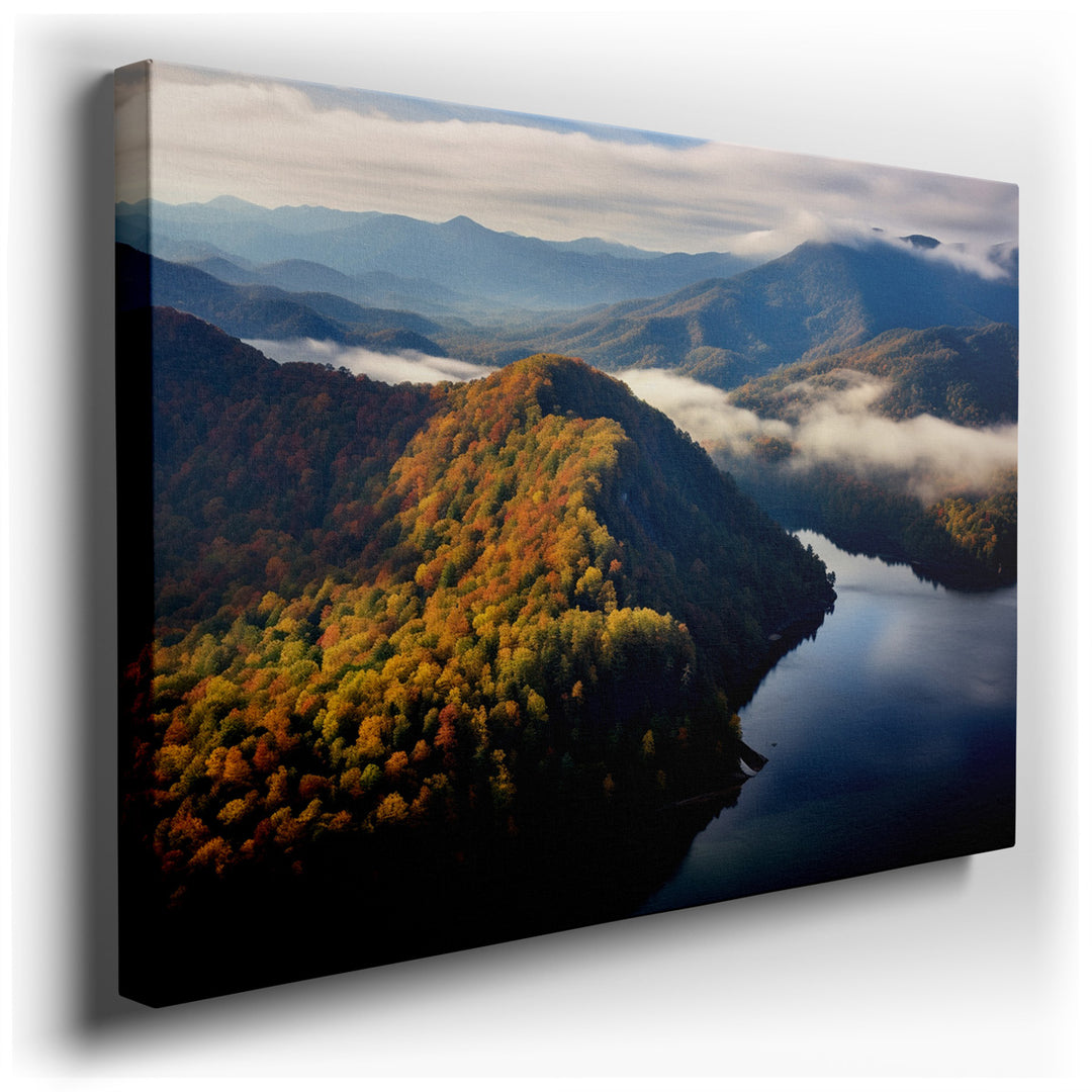 canvas print on wrapped canvas for wall decor – This exquisite wall art captures the breathtaking essence of an autumnal landscape from an aerial perspective, offering...