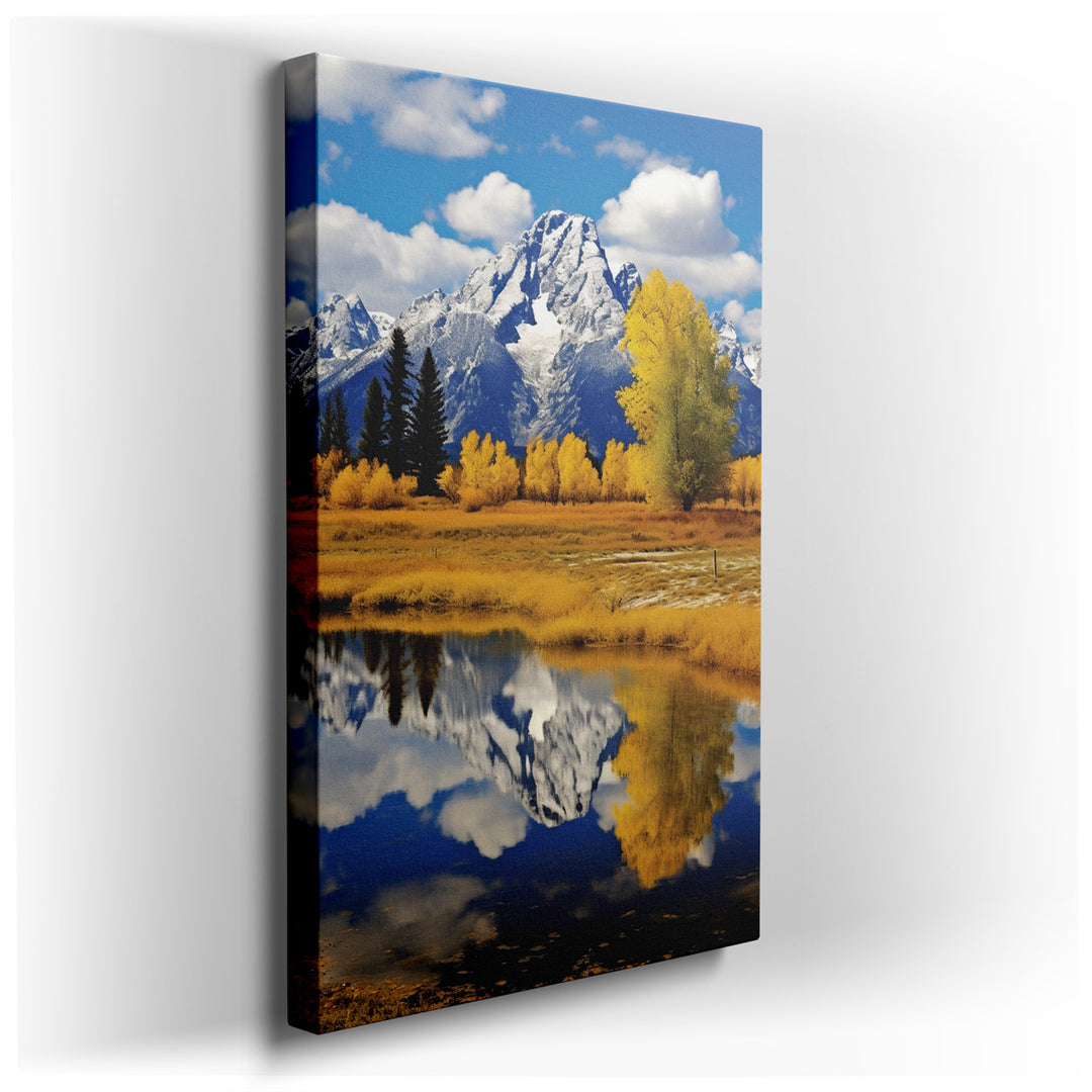 canvas print on wrapped canvas for wall decor – Imagine a wall art that encapsulates the serene beauty of an autumn landscape, where the majestic tranquility of snow-ca...