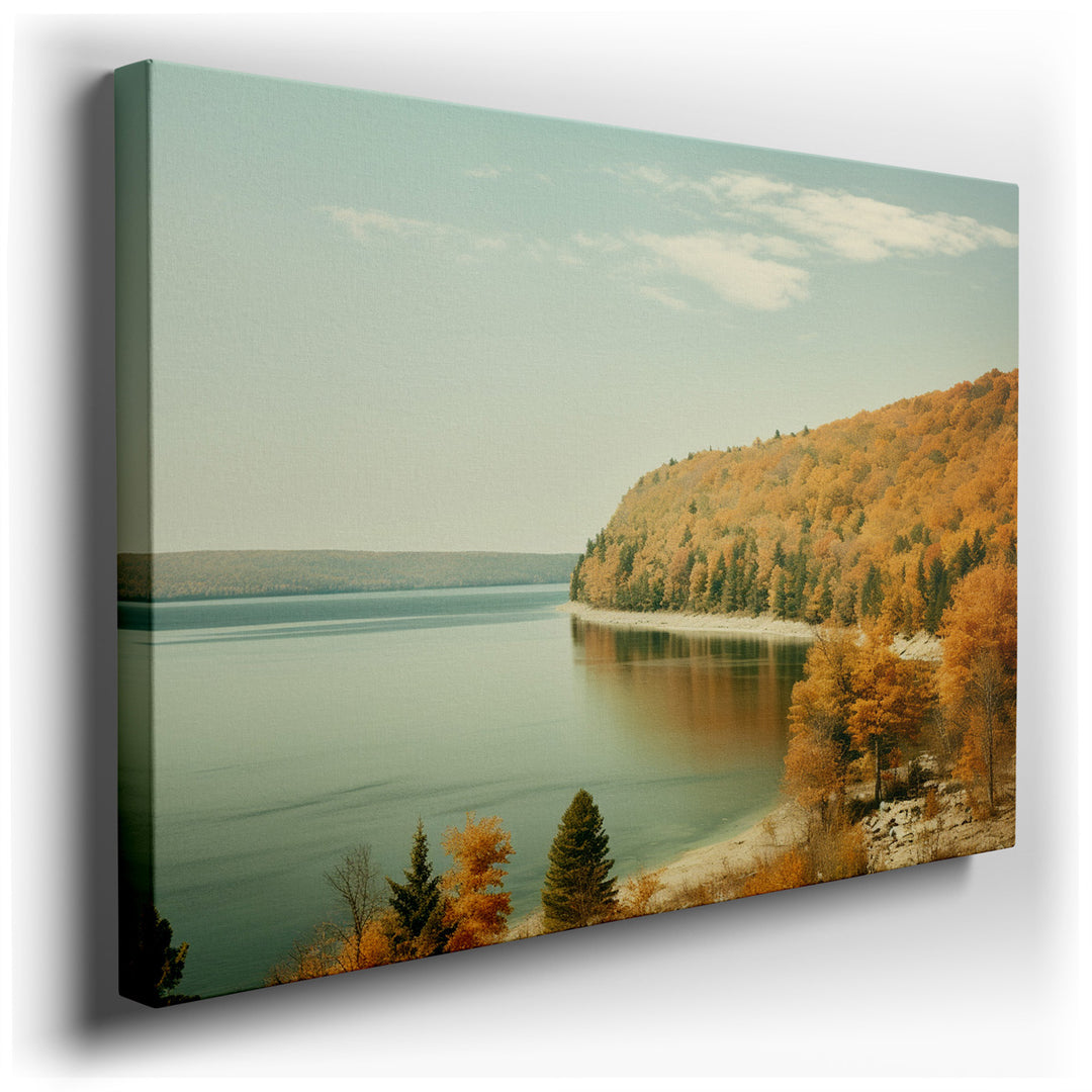 canvas print on wrapped canvas for wall decor – This enchanting wall art captures the essence of a tranquil lakeside scene during the vibrant season of autumn. The artw...
