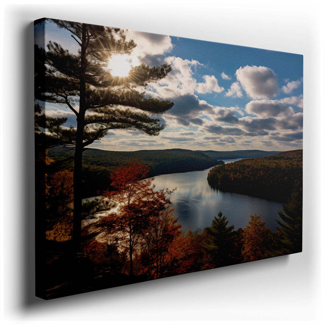 canvas print on wrapped canvas for wall decor – This wall art captures the essence of autumn in a breathtaking display of nature's palette. The scene is set around a se...