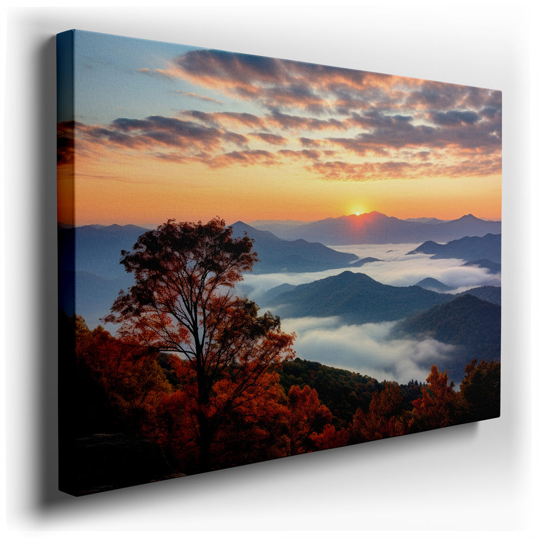 canvas print on wrapped canvas for wall decor – This enchanting wall art portrays a breathtaking sunset descending over undulating hills, a scene that encapsulates the...