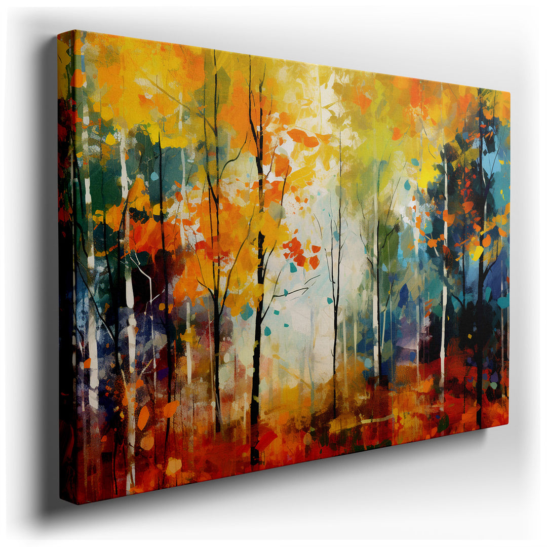 canvas print on wrapped canvas for wall decor – This wall art is a captivating abstract representation of an autumn forest, alive with a palette of colors that vividly...