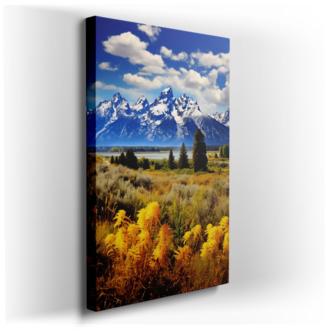 canvas print on wrapped canvas for wall decor – This exquisite wall art presents a stunning depiction of the Teton Mountains, a scene that encapsulates the grandeur and...