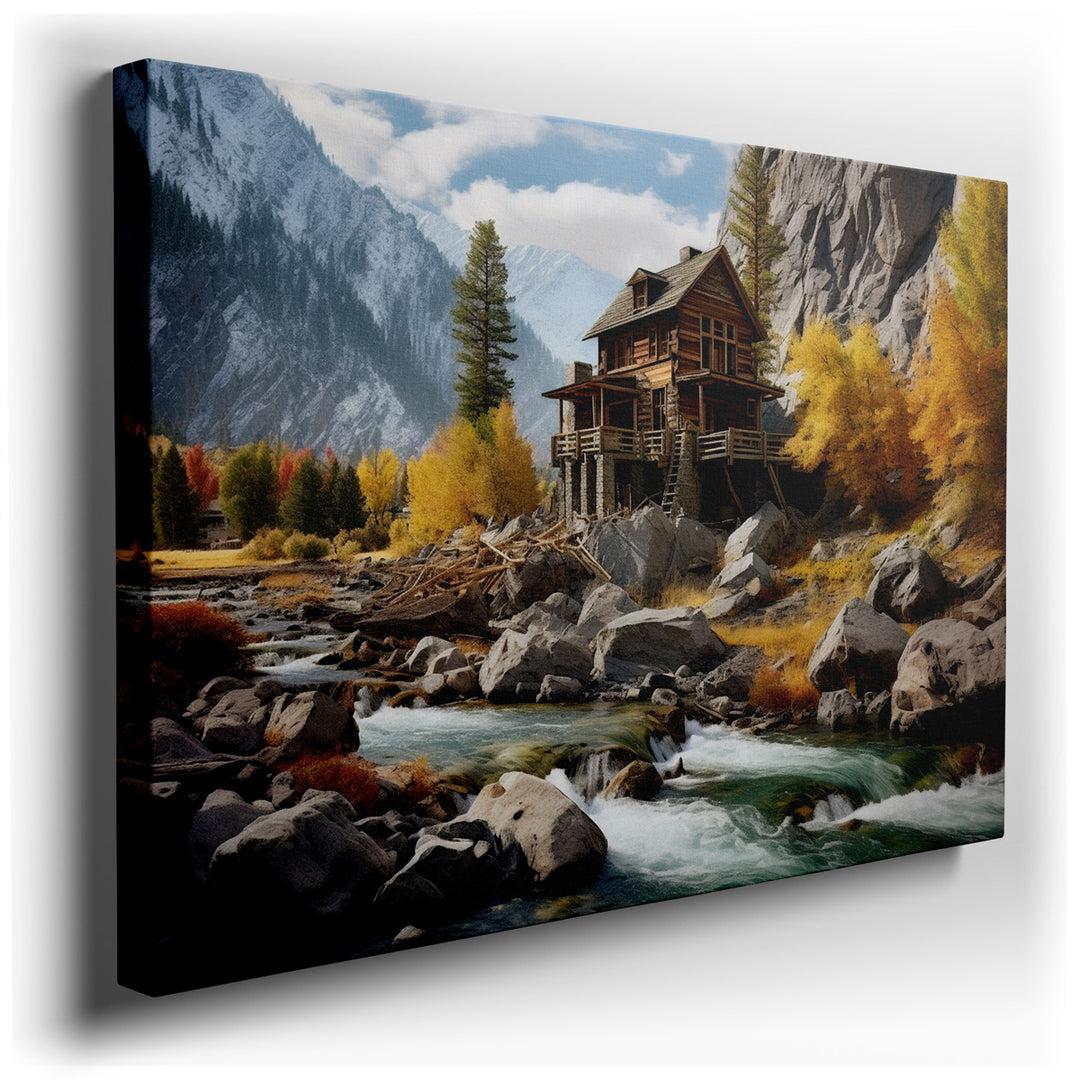 canvas print on wrapped canvas for wall decor – This exquisite wall art captures a quintessential rustic mountain cabin, nestled amidst a breathtaking panorama of autum...
