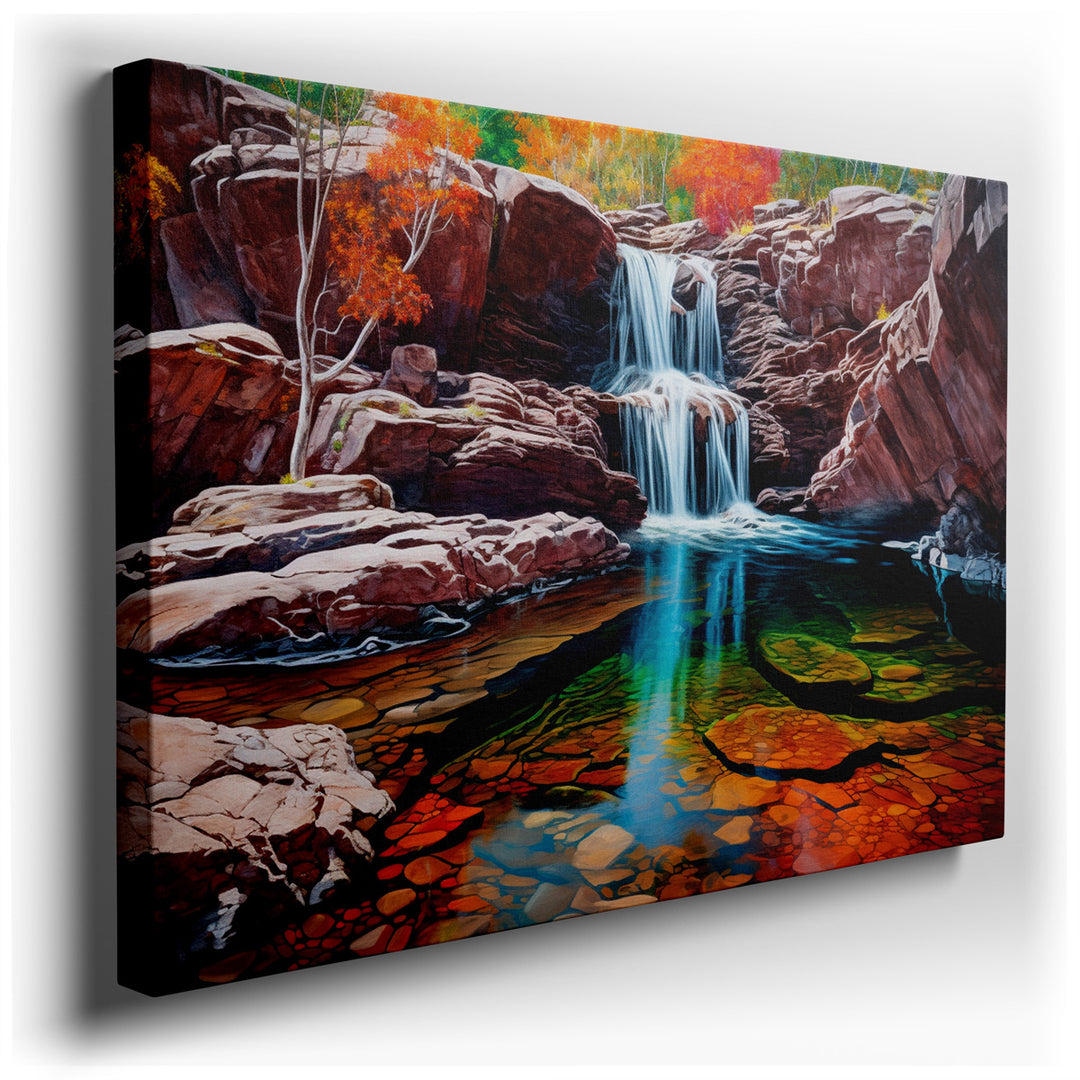 canvas print on wrapped canvas for wall decor – This exquisite wall art captures the essence of a serene autumnal scene, where a vibrant waterfall cascades gracefully i...