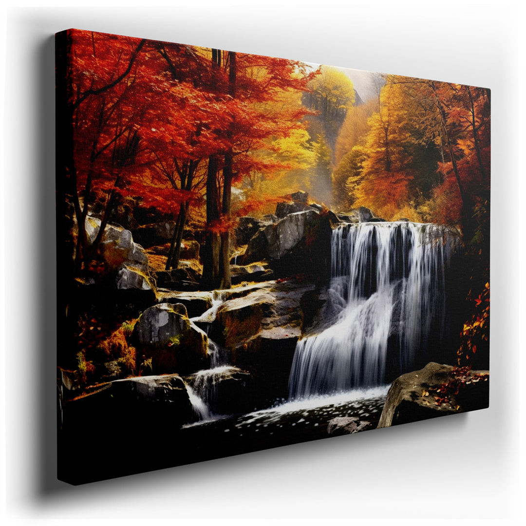 canvas print on wrapped canvas for wall decor – This wall art is a masterful depiction of nature's dynamic beauty and serene ambiance, capturing a mesmerizing waterfall...