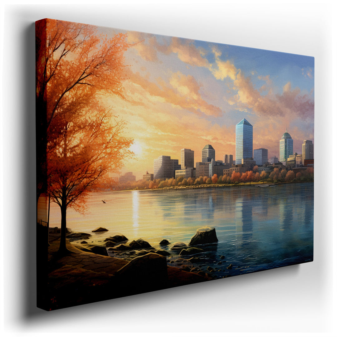 canvas print on wrapped canvas for wall decor – This wall art captures a breathtaking city skyline bathed in the golden hues of a sunset, its reflection shimmering on t...