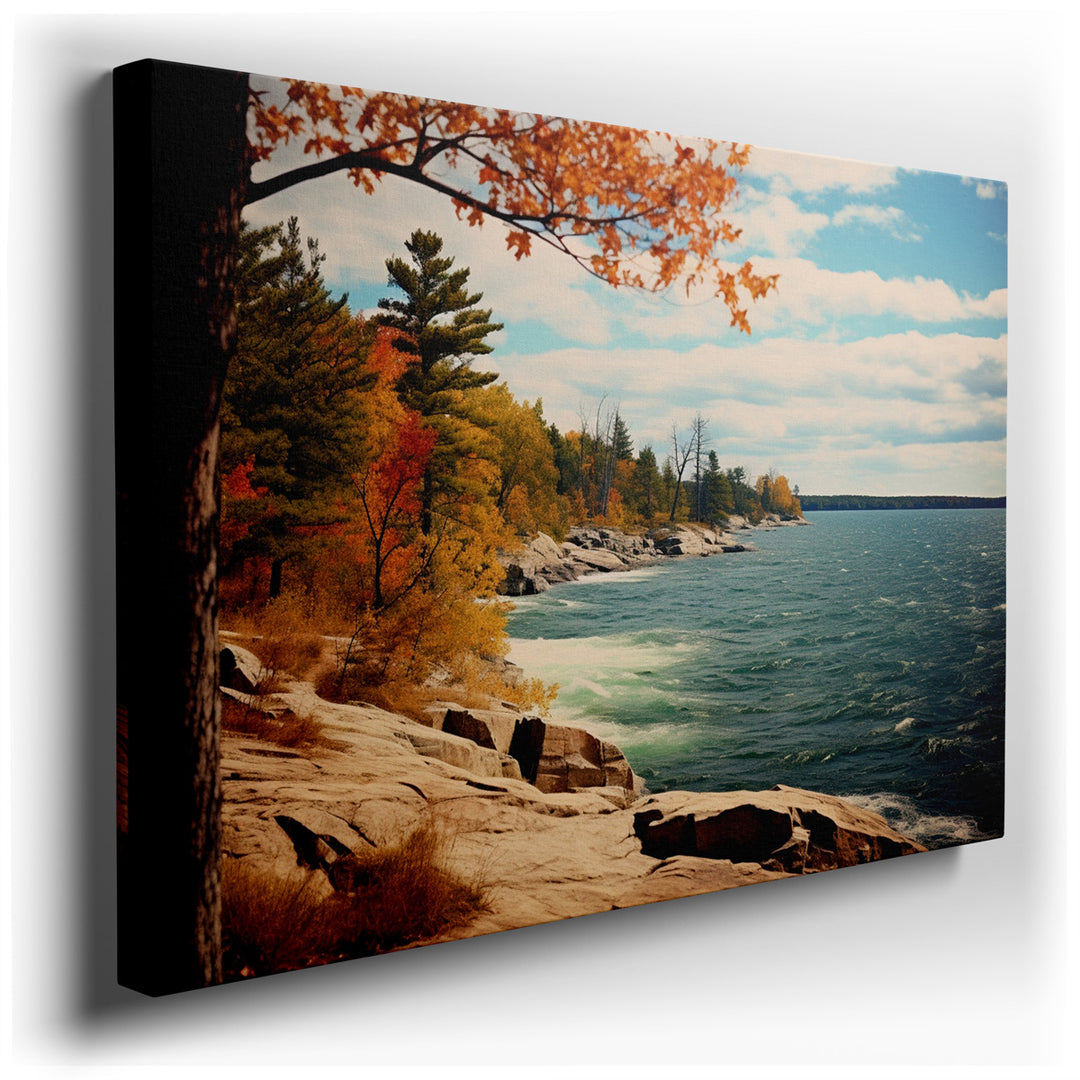 canvas print on wrapped canvas for wall decor – This enchanting wall art portrays a breathtaking autumnal scene set along a rugged shoreline, where the vivid, colorful...