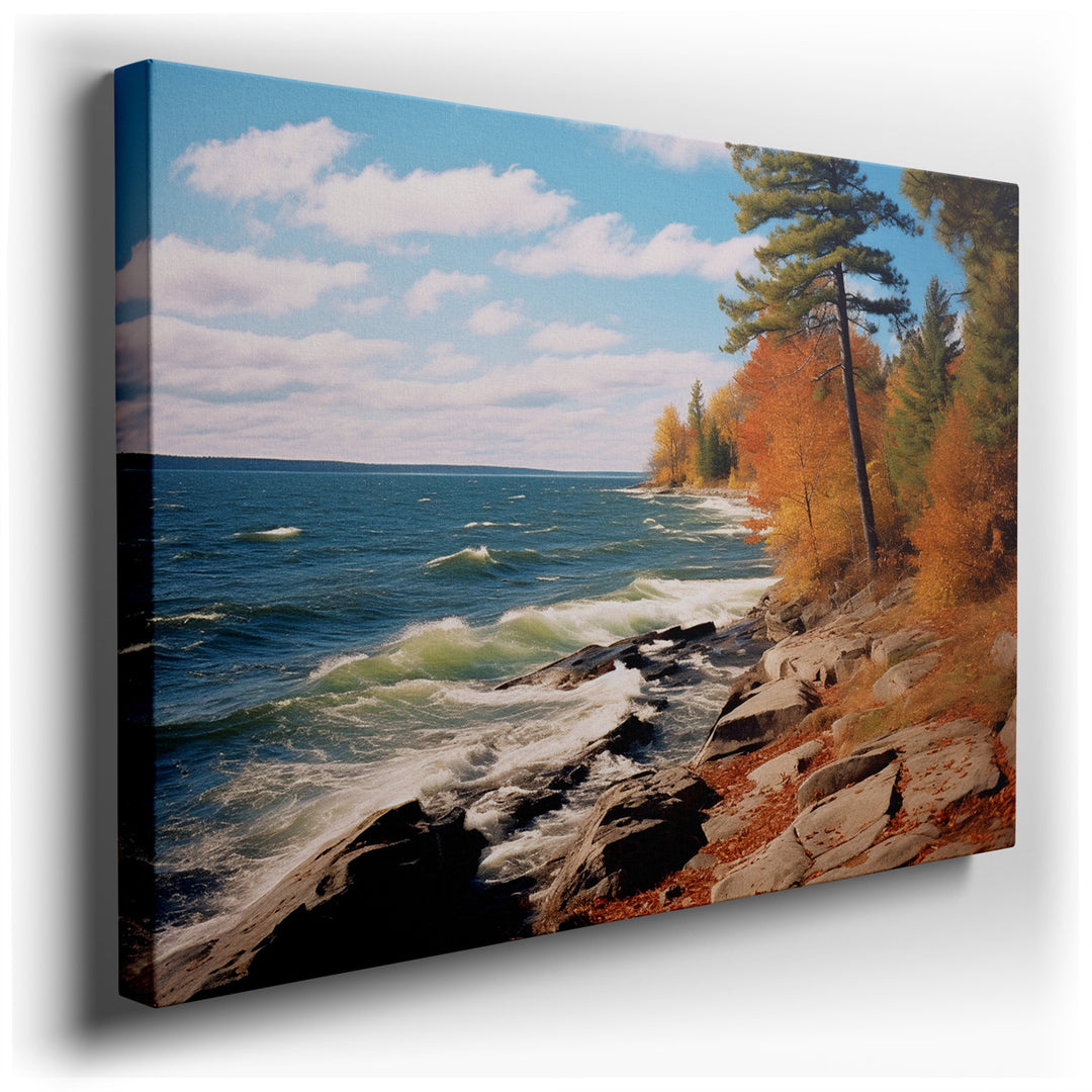 canvas print on wrapped canvas for wall decor – This wall art, a masterful depiction of an autumnal coastline, exudes a serene and inviting atmosphere, making it an ide...