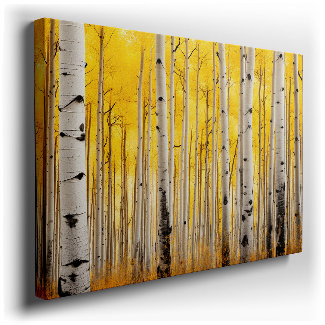 canvas print on wrapped canvas for wall decor – This captivating wall art portrays a serene grove of aspen trees, a scene that invites viewers into a tranquil yet vibra...