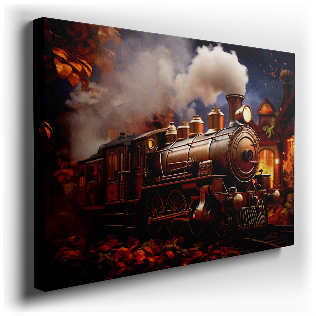 canvas print on wrapped canvas for wall decor – This wall art, a masterful depiction of a vintage steam train in motion, is a celebration of the golden age of railway t...