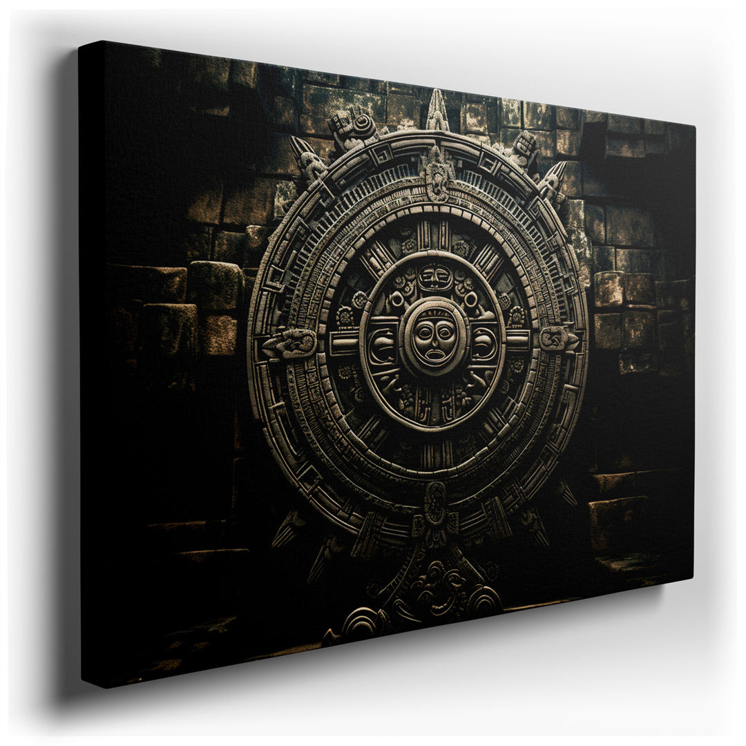 canvas print on wrapped canvas for wall decor – The wall art in question is a captivating representation of the iconic Aztec calendar stone, a masterpiece of ancient ar...