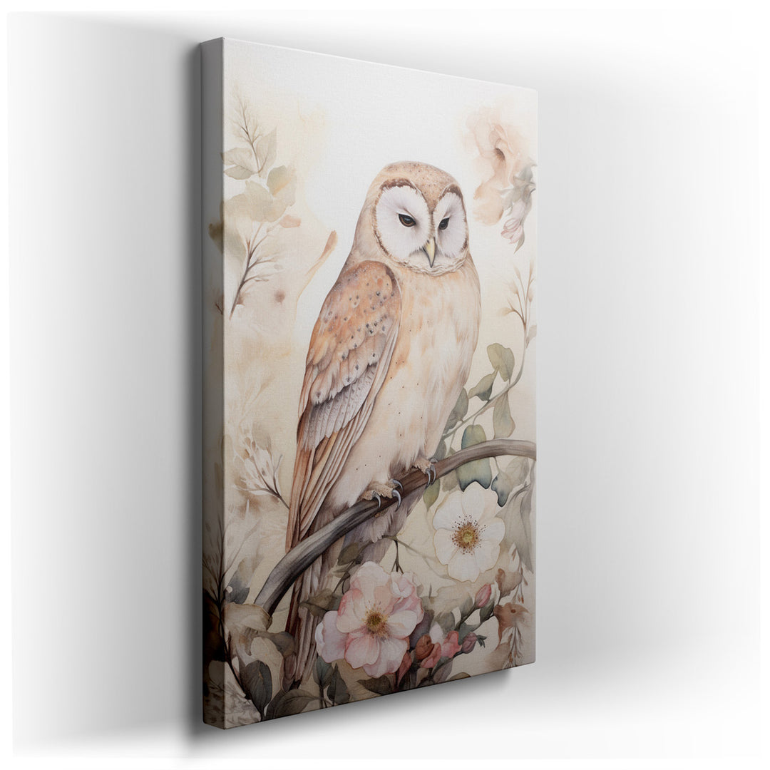 canvas print on wrapped canvas for wall decor – This exquisite wall art captures the serene and majestic presence of a barn owl, perched gracefully among a cluster of d...
