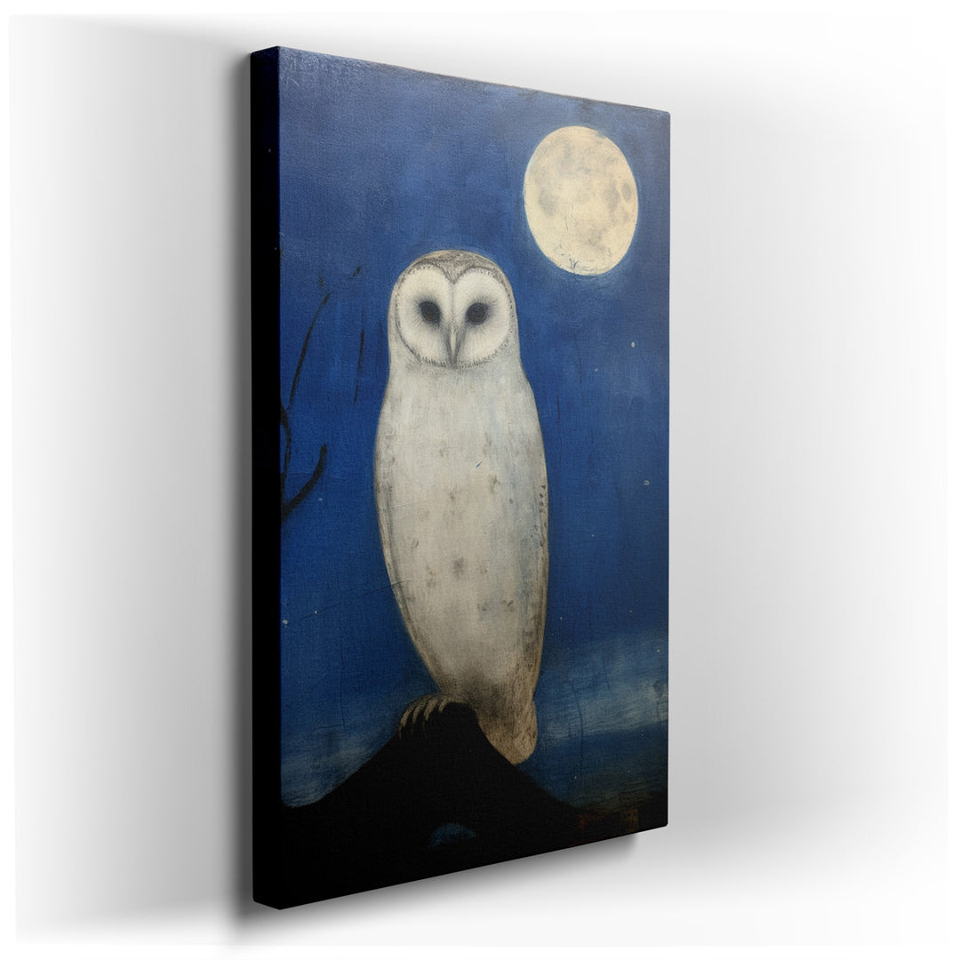 canvas print on wrapped canvas for wall decor – Imagine a wall art that captures the essence of a tranquil night, where the central figure, a serene barn owl, perches g...