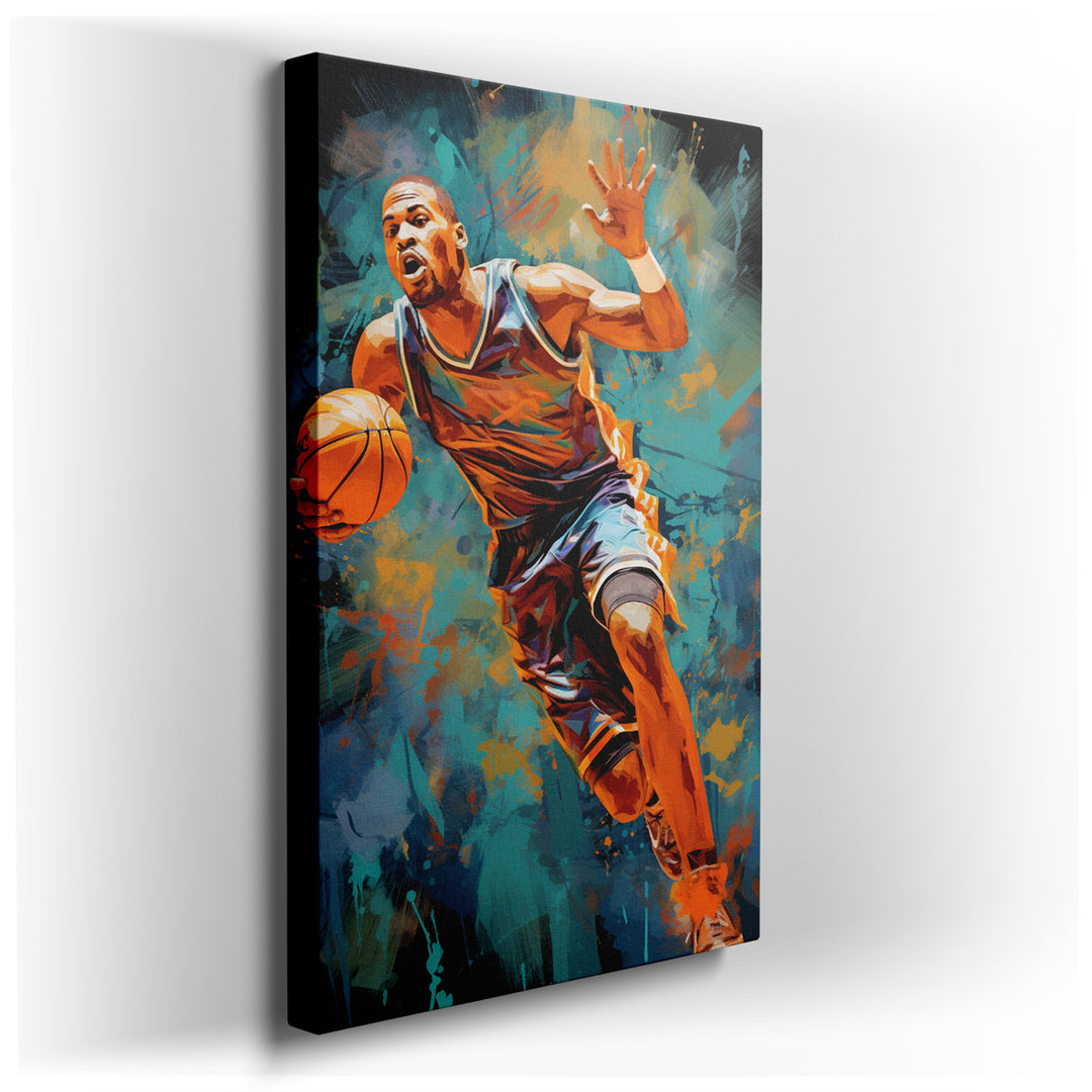 canvas print on wrapped canvas for wall decor – This wall art captures the essence of basketball's dynamic and exhilarating nature through the depiction of a player sus...