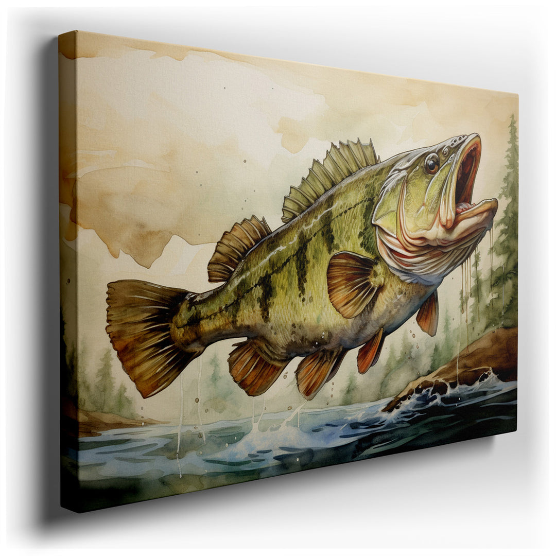 canvas print on wrapped canvas for wall decor – This captivating wall art vividly portrays a bass fish in mid-leap, its body arching gracefully as it bursts from the sh...