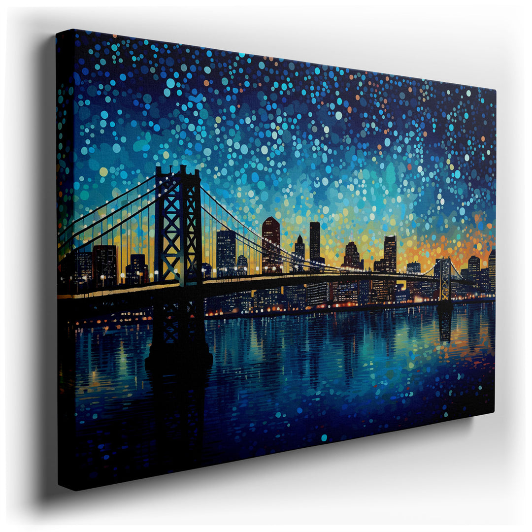 canvas print on wrapped canvas for wall decor – This wall art captures a breathtaking nighttime panorama of a bustling city skyline, dominated by the iconic Bay Bridge,...
