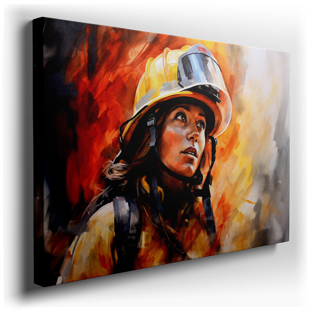 canvas print on wrapped canvas for wall decor – This evocative wall art captures the essence of heroism through the portrayal of a female firefighter set against a back...