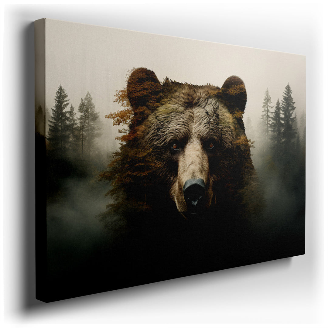 canvas print on wrapped canvas for wall decor – This wall art captures a mesmerizing scene where the essence of the wild is brought to life through the visage of a bear...
