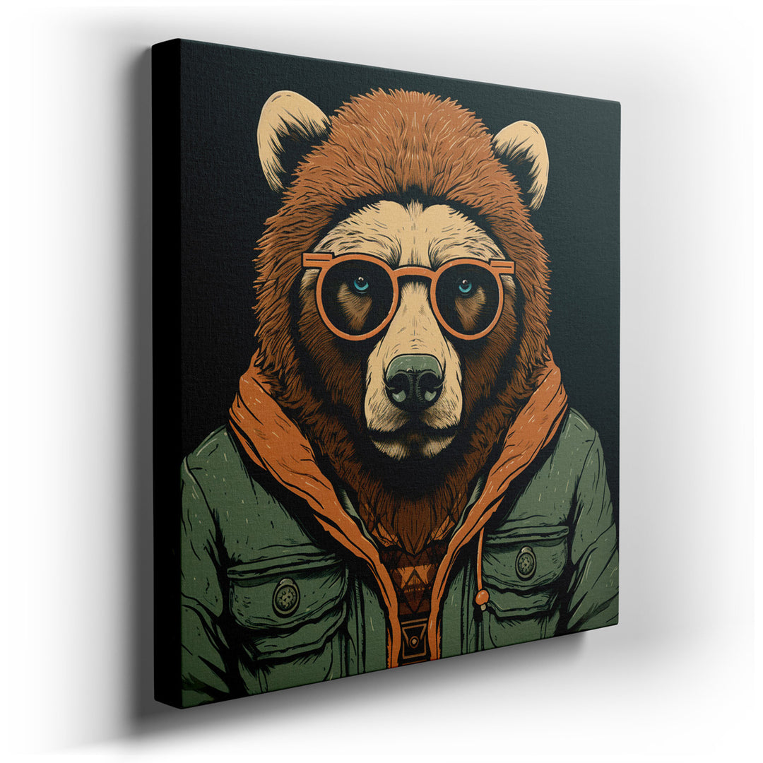 canvas print on wrapped canvas for wall decor – This wall art captures the essence of a stylish bear, an embodiment of modern chic and cool demeanor, dressed in a fashi...