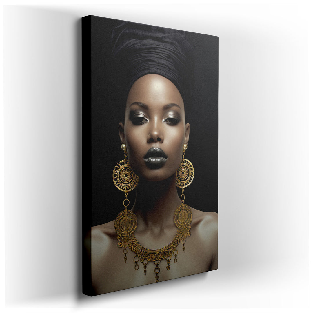 canvas print on wrapped canvas for wall decor – This wall art, a mesmerizing portrait of a woman adorned in black and gold jewelry, is a masterpiece of modern art that...