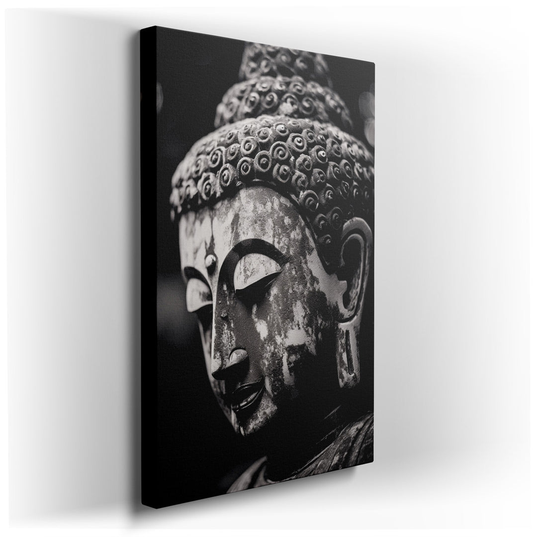 canvas print on wrapped canvas for wall decor – This captivating wall art, a black and white portrait of a Buddha, is a masterpiece that embodies a profound spiritual e...