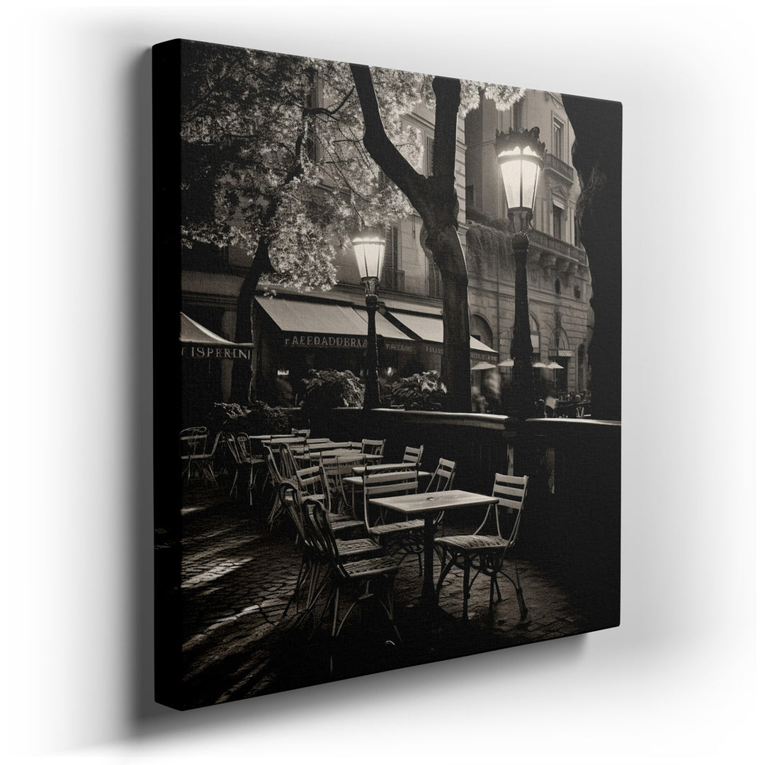 canvas print on wrapped canvas for wall decor – This wall art, a captivating black and white depiction of a café terrace nestled under the grandeur of towering trees, i...