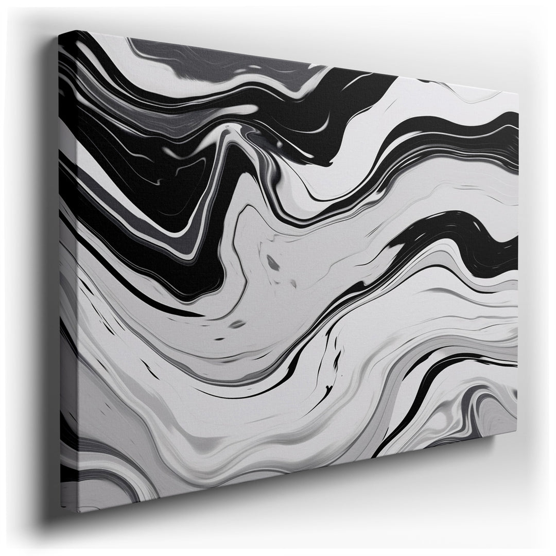 canvas print on wrapped canvas for wall decor – This wall art, a stunning example of abstract art, utilizes a monochromatic black and white palette to create a series o...