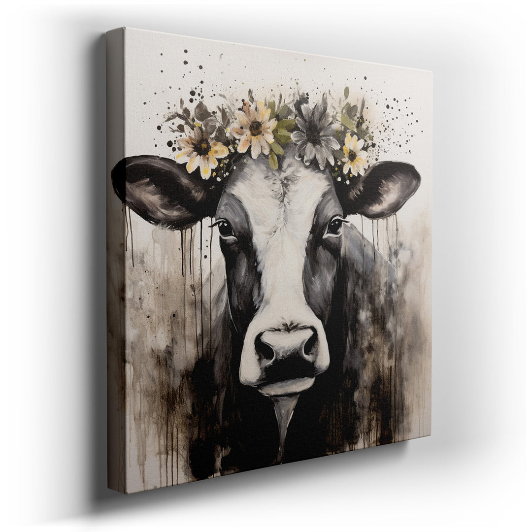 canvas print on wrapped canvas for wall decor – This enchanting wall art, rendered in a striking black and white palette, presents a visually arresting image of a cow a...