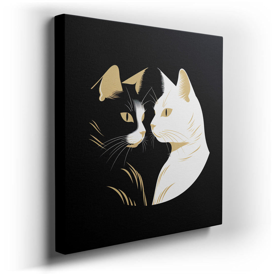 canvas print on wrapped canvas for wall decor – This captivating wall art, featuring two cat figures—one black and one white—serves as a profound exploration of duality...