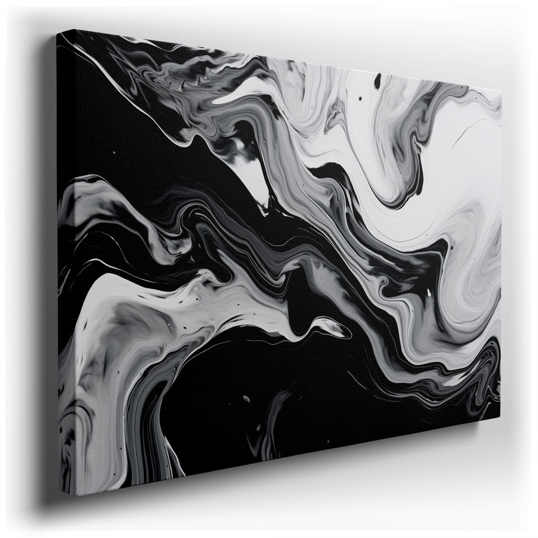 canvas print on wrapped canvas for wall decor – This abstract wall art is a mesmerizing composition that masterfully captures the dynamic interplay between black and wh...