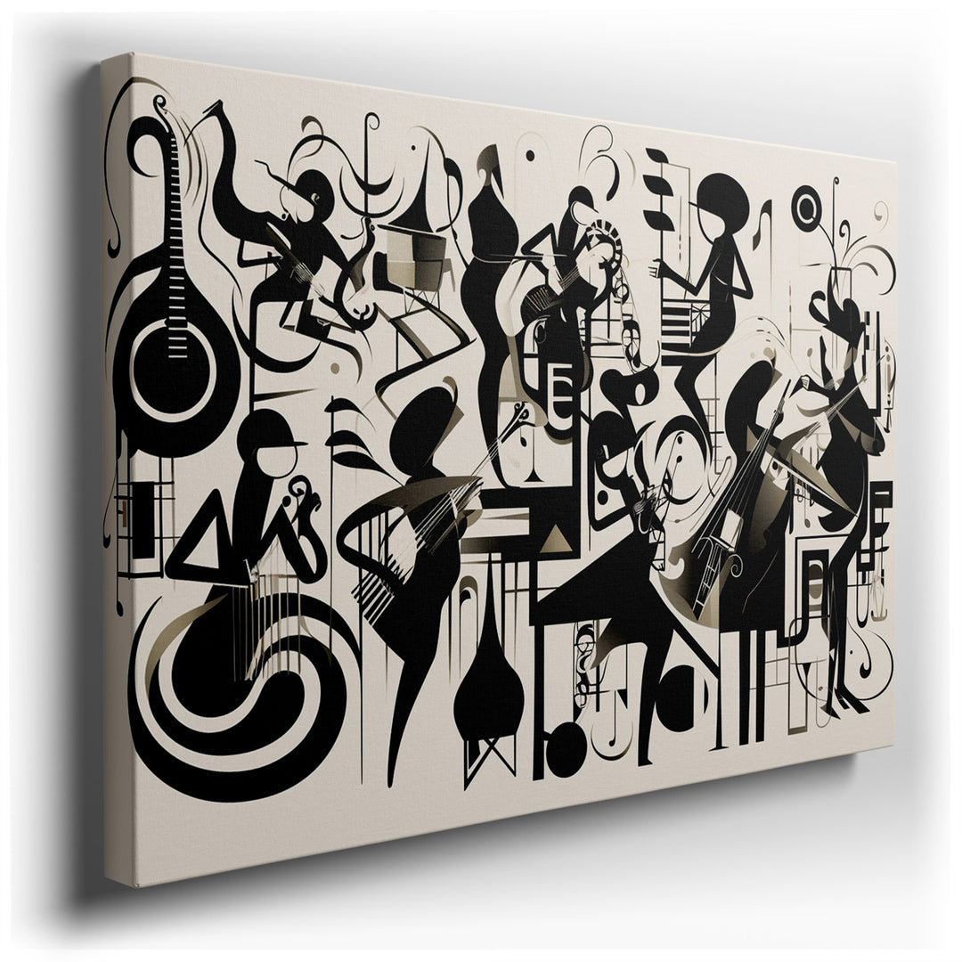 canvas print on wrapped canvas for wall decor – This wall art, a striking black and white illustration, masterfully captures the essence and vibrancy of a musical ensem...