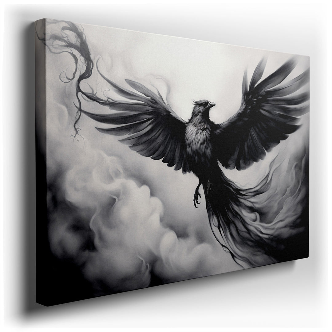 canvas print on wrapped canvas for wall decor – This wall art, a striking depiction of a majestic black bird in flight, captures the essence of freedom and the indomita...