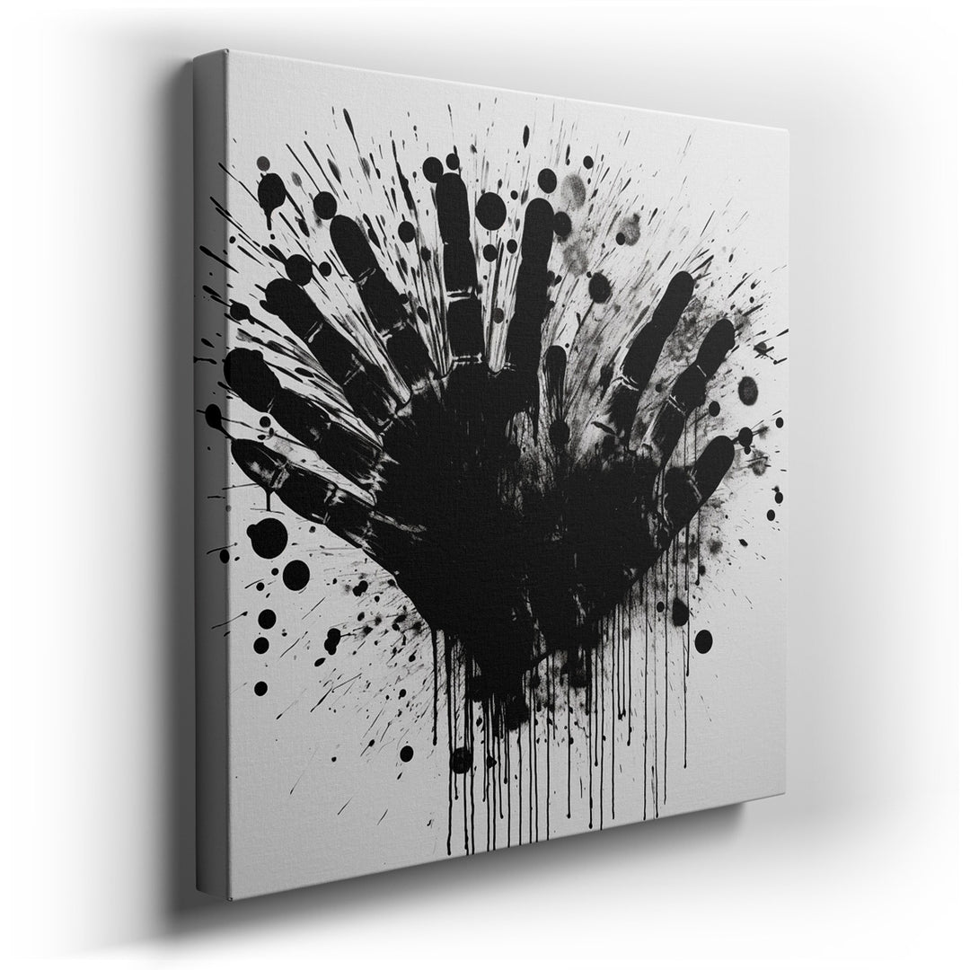 canvas print on wrapped canvas for wall decor – This evocative wall art captures the viewer's attention with its central motif, a bold black handprint, which stands out...