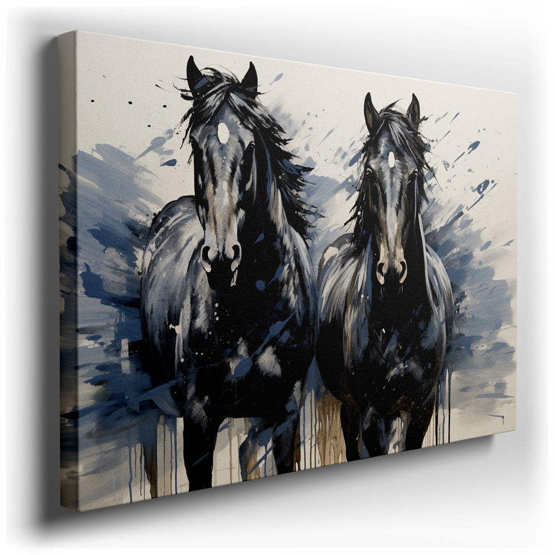 canvas print on wrapped canvas for wall decor – This wall art, a striking portrayal of two majestic black horses, is a masterpiece that captures the essence of power an...